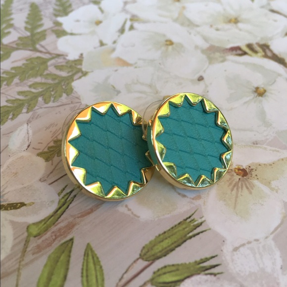 Teal Leather Gold Sunburst Button House of Harlow Earrings - Picture 3 of 3